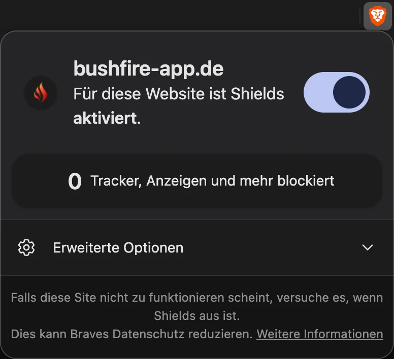 Brave Shields auf bushfire-app.de: 0 Tracker, Anzeigen und mehr blockiert