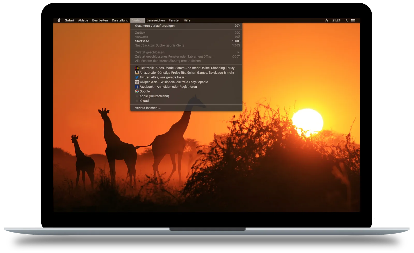 Safari-Verlaufsmenü mit vielen besuchten Webseiten
