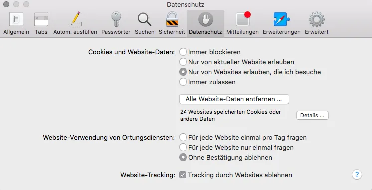 Safari-Einstellungen: Datenschutz und Cookies